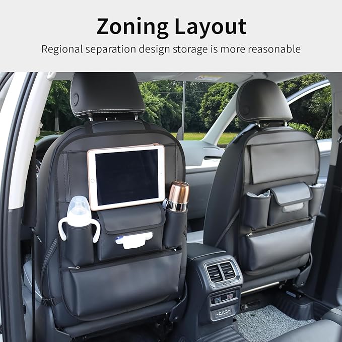 Car Seat Organizers Waterproof Backseat Protector with Storage Pocket Large Leather Kick Mats for Kids Pets Automobile SUV Truck (Black, Large Pocket)