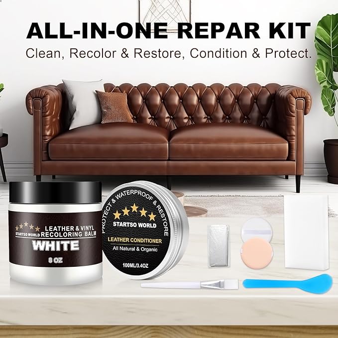 STARTSO WORLD 200Ml Leather Recoloring Balm with 100ML Leather Conditioner, White Leather Repair Kit for Furniture, Leather Dye, Leather Scratch Repair, Leather Couch Paint