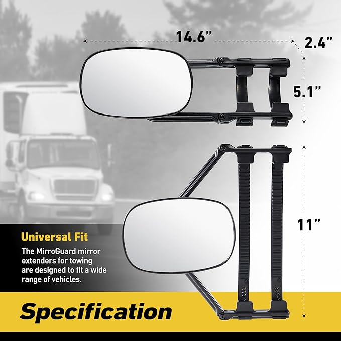 Extended Towing Mirrors, Universal Clip-On Side Mirror Extensions for Pickups, RVs, and Trailers, Tow Mirrors with Extenders (Model HA968)