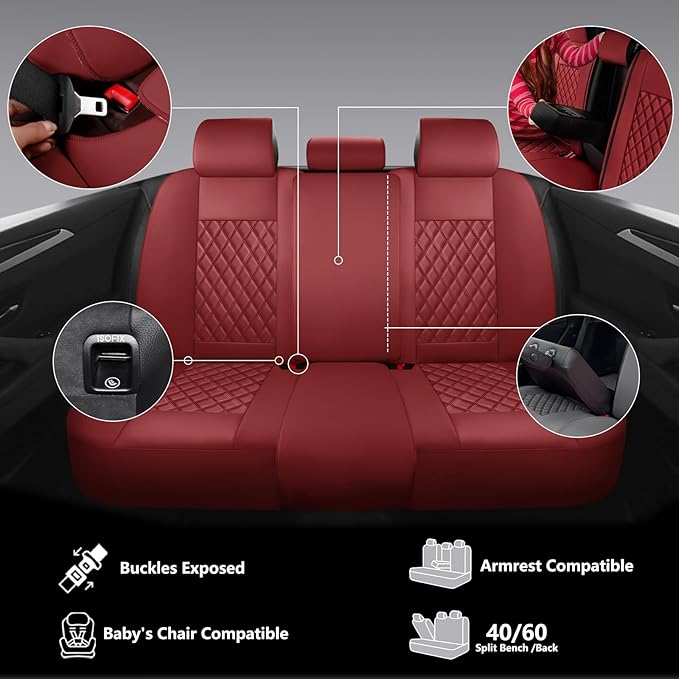 Premium Leather Car Seat Covers Full Set,Universal Fit for Cars,Trucks&SUVs,Waterproof Car Seat Cushion,Full Coverage Car Seat Protector with 5 Seats,Wine Red