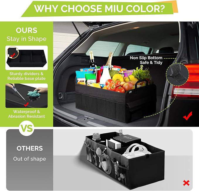 MIU COLOR Trunk Organizer for SUV, Collapsible Car Organizer with 12 Pockets, Non-Slip Bottom, Storage Organizer for Sedan, Van, Jeep, Grocery, Car Accessories, Large 3 Compartments, Black,32"×13"×12"