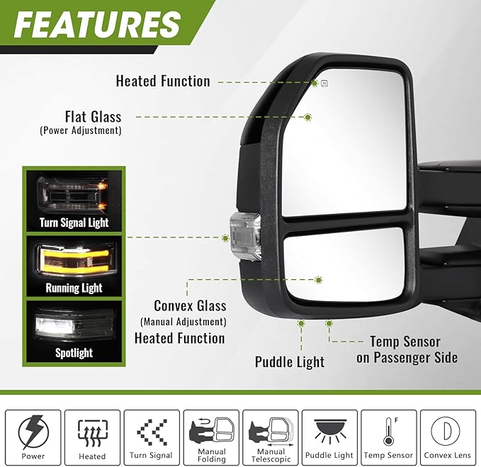 Towing Mirrors for 2015-2020 F150 Ford Pickup with Turn Signal & Running Lights Heated Power Glass