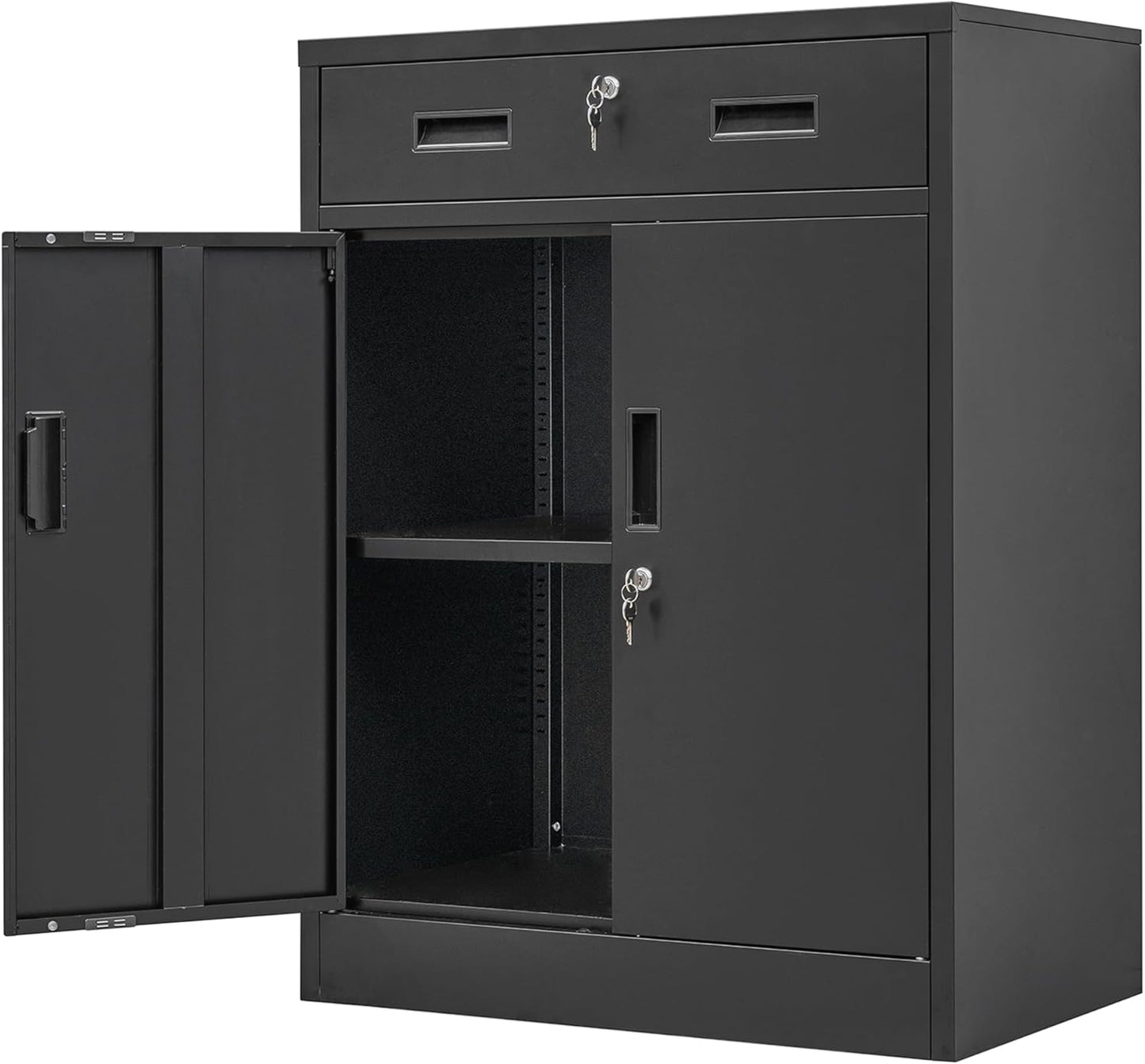 Metal Storage Cabinet, Locking Cabinet with One Drawer and Adjustable Shelf, 36.2" H x 28" W x 16" D Steel Storage Cabinet for Office, Garage, Home-Black