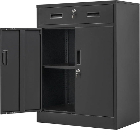 Metal Storage Cabinet, Locking Cabinet with One Drawer and Adjustable Shelf, 36.2" H x 28" W x 16" D Steel Storage Cabinet for Office, Garage, Home-Black