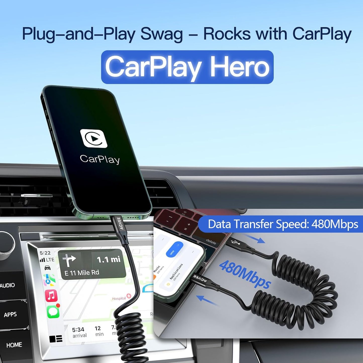 AGVEE 3ft Coiled Short USB-C to Lightning Charging Cable [MFI Certified] 30W PD Fast Charger Cord in Car for iPhone 14/13/12/11/XS/8/7/6/5 CarPlay, iPad, iPod, Black