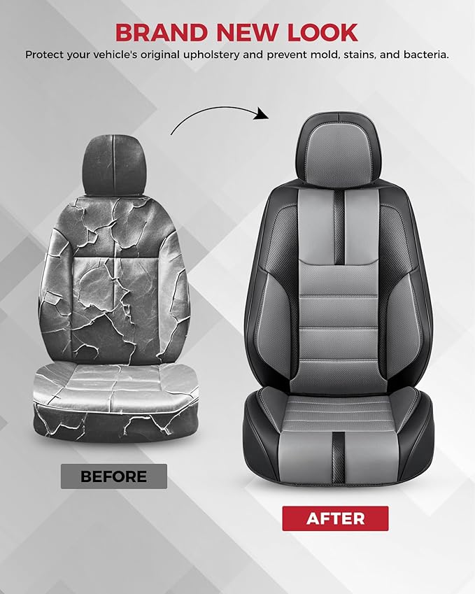 FREESOO Black Gray Front Car Seat Covers - Faux Nappa Leather Seat Covers for Cars, with Carbon Fiber Texture Seatbelt Pads, Luxury Protector Accessories Fit for Most Vehicles Sedans SUV Trucks RAV4