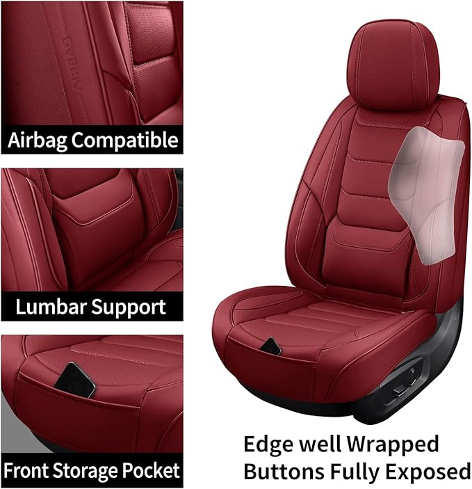 Front Seat Covers for Cars Breathable Leather Seat Covers Waterproof Seat Protectors Universal Fit for Most Automotive Cars SUV Trucks(Red, Front Pair)