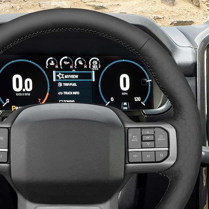 MEWANT DIY Black Solid Hexagon Embossed Faux Leather Steering Wheel Cover for Ford F150 Lightning F350 2024 Expedition