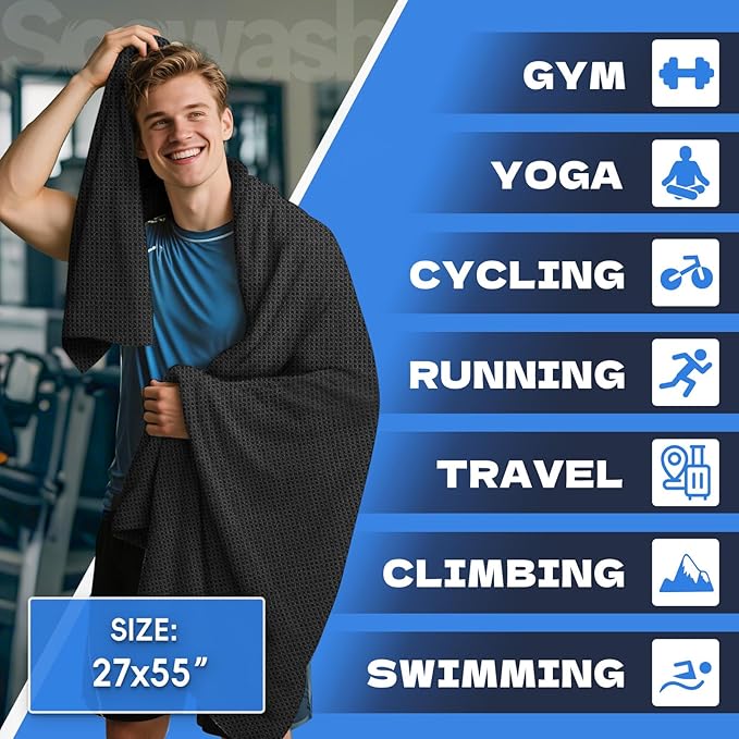 Microfiber Gym Towels for Showering Working Out Quick Dry Negative ions Large Middle Small Sizes Lightweight Gym Towel for Men Women Tennis Sports Towels for Body Hot Yoga Fitness Essentials