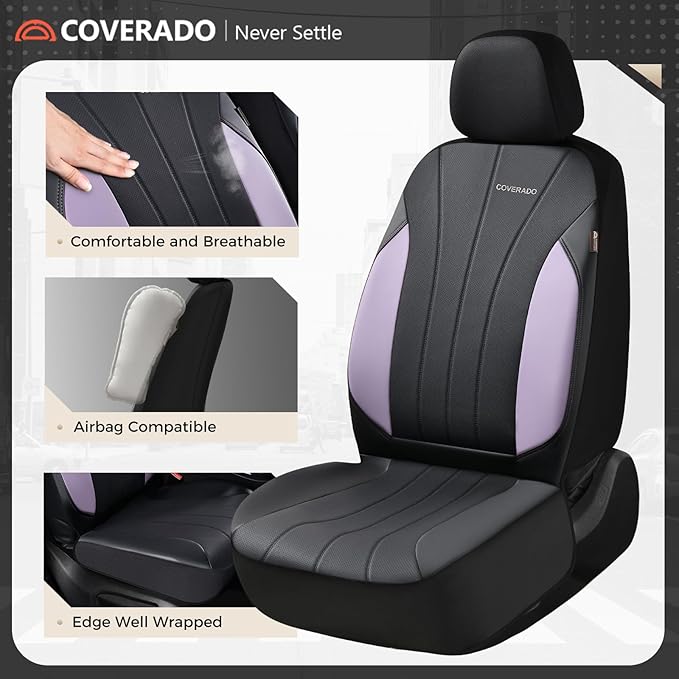 Coverado Car Seat Covers, Waterproof Seat Covers Full Set, Automotive Seat Covers 5 Seats, All-Weather Purple Leather Car Seat Protectors Universal Fit for SUVs Trucks Sedans