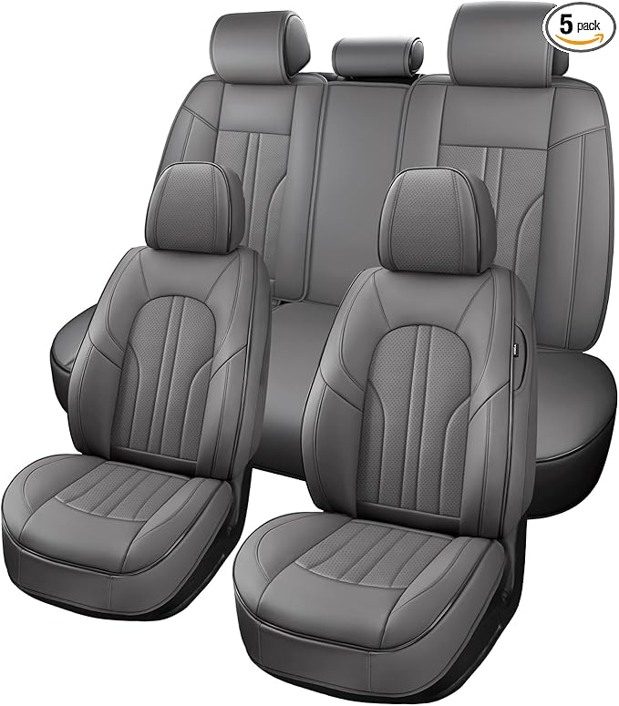 Car Seat Covers Full Set, 5 Seats Comfortable Faux Leather Seat Covers for Cars, Waterproof Automotive Seat Covers, Luxury Universal Fit Seat Covers for SUV, Sedans, Pick-up Trucks (Gray)