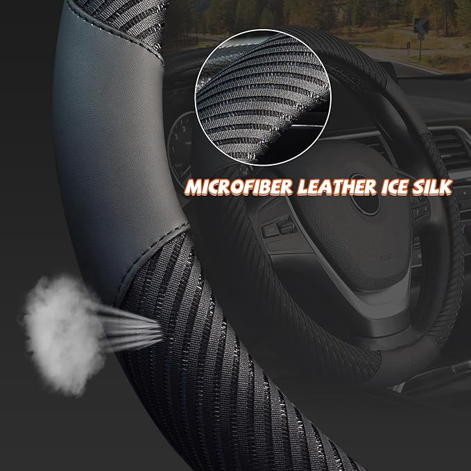KAFEEK Steering Wheel Cover, Universal 15 inch, Microfiber Leather Ice Silk, Breathable, Black