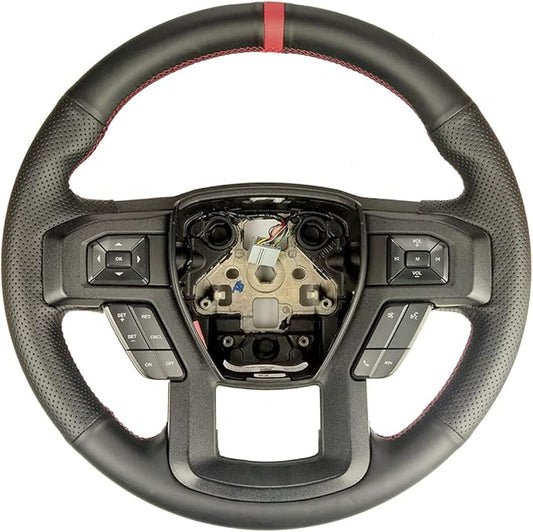 Black Side Perforated Leather Red Marker Steering Wheel Protector Cover Hand-Stitch on Wrap Fit For Ford F-150 F250 King Ranch/Lariat/XL/XLT/Limited/Platinum/Police Responder 2015-2020 (Black Leather)
