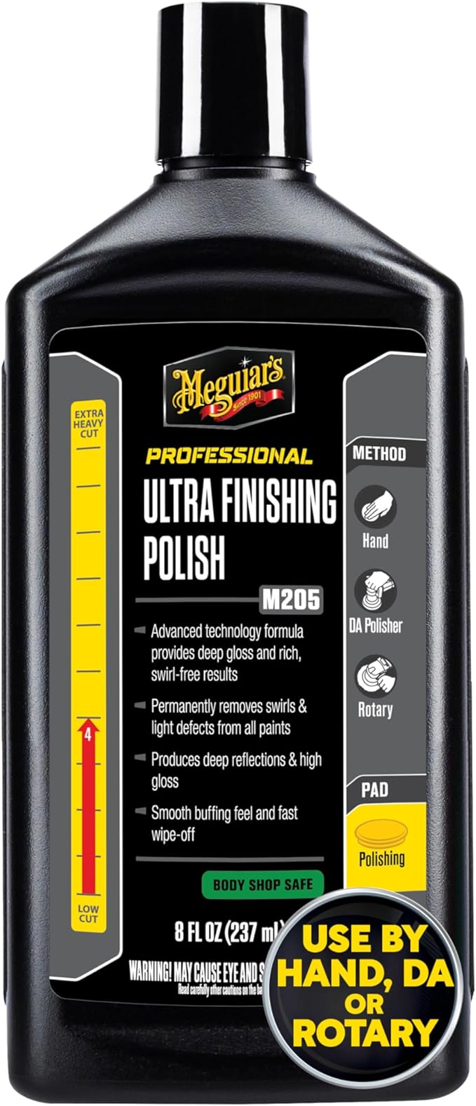 Meguiar's M205 Mirror Glaze Ultra Finishing Polish, Easy-to-Use Formula for Impeccable Shine, Multiple Ways to Apply Mirror Glaze, Removes Defects and Swirls for a High Gloss, 8 Oz Container