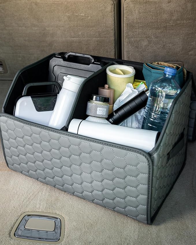 Owleys Foldable Trunk Organizer For Car - Trunk Organizers Car Storage - Collapsible Auto Trunk Organizer With Lid - Small And Large Cargo Organizer - Trunk Organization (Gray 17)