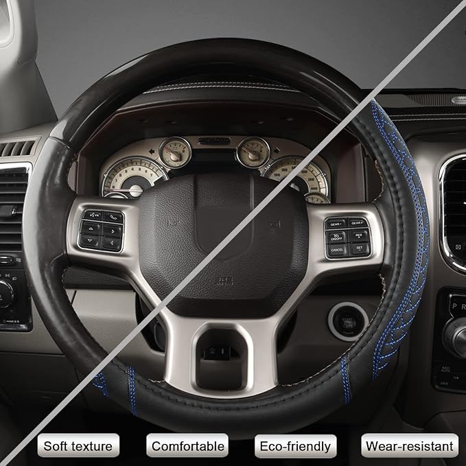 West Llama Customized Auto Car Steering Wheel Cover for Dodge 1989-2011 RAM 1500 2500 3500, Charger, Durango, Challenger (Diamond Quilted-Black+Blue-Standard Size)