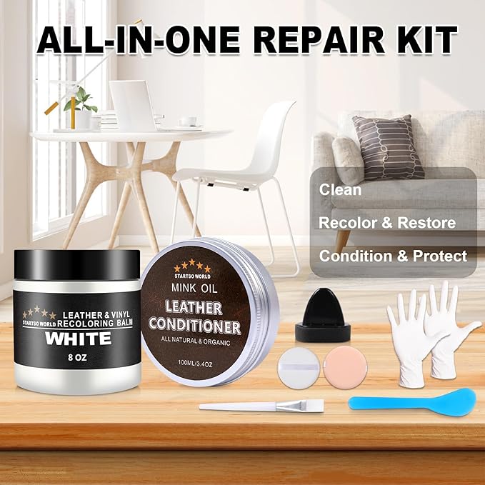 STARTSO WORLD Mink Oil Leather Recoloring Balm & Conditioner Kit - Repairs & Dyes White Leather for Couches, Sofas, Shoes & Vinyl