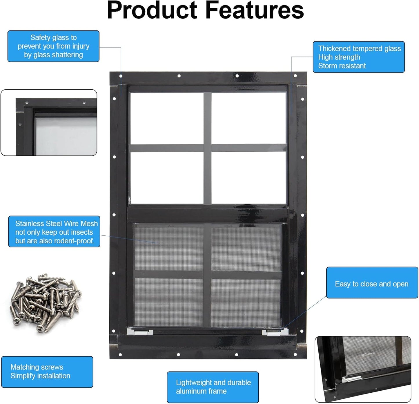 NeatiEase Upgraded Shed Windows 2 Pack, 12" x 18" Windows with Tempered Glass and Stainless Steel Screen for Shed, Chicken Coop, Playhouse, Household, Garage(Black)