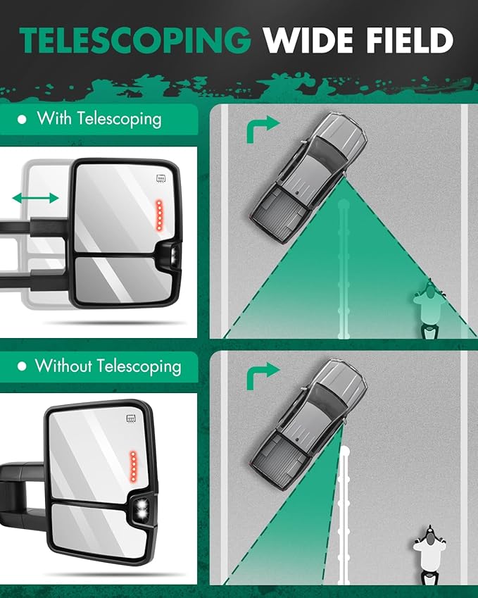 SCITOO Towing Mirrors Chrome Truck fit for 2014-2018 for Chevy for GMC 1500 2015-2019 for Chevy for GMC 2500/3500 HD with Pair LH RH Power Heated LED Turn Signal Running Back Up