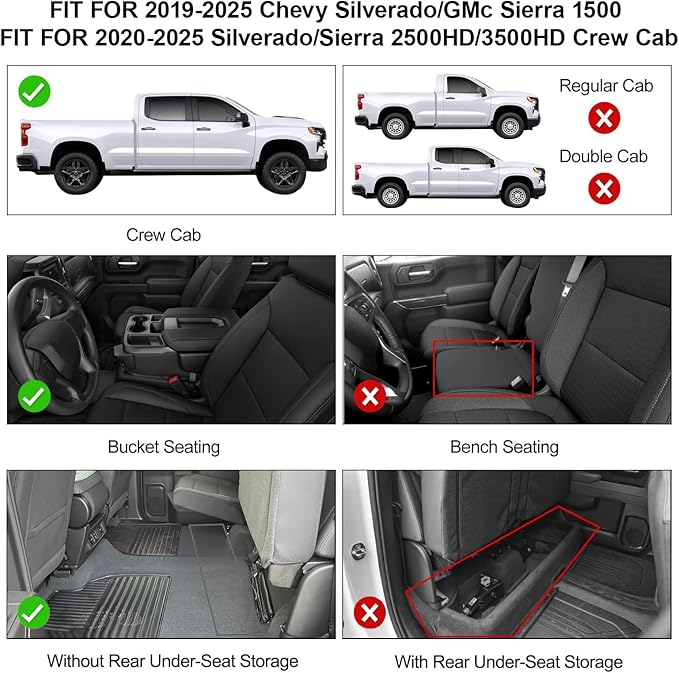 Car Floor Mats Fit for 2019-2025 2026 Chevy Silverado/GMC Sierra 1500, 2020-2026 2500HD/3500 HD Crew Cab (Fit Rear Row Without Under-Seat Storage), All Weather Truck Liners Accessories