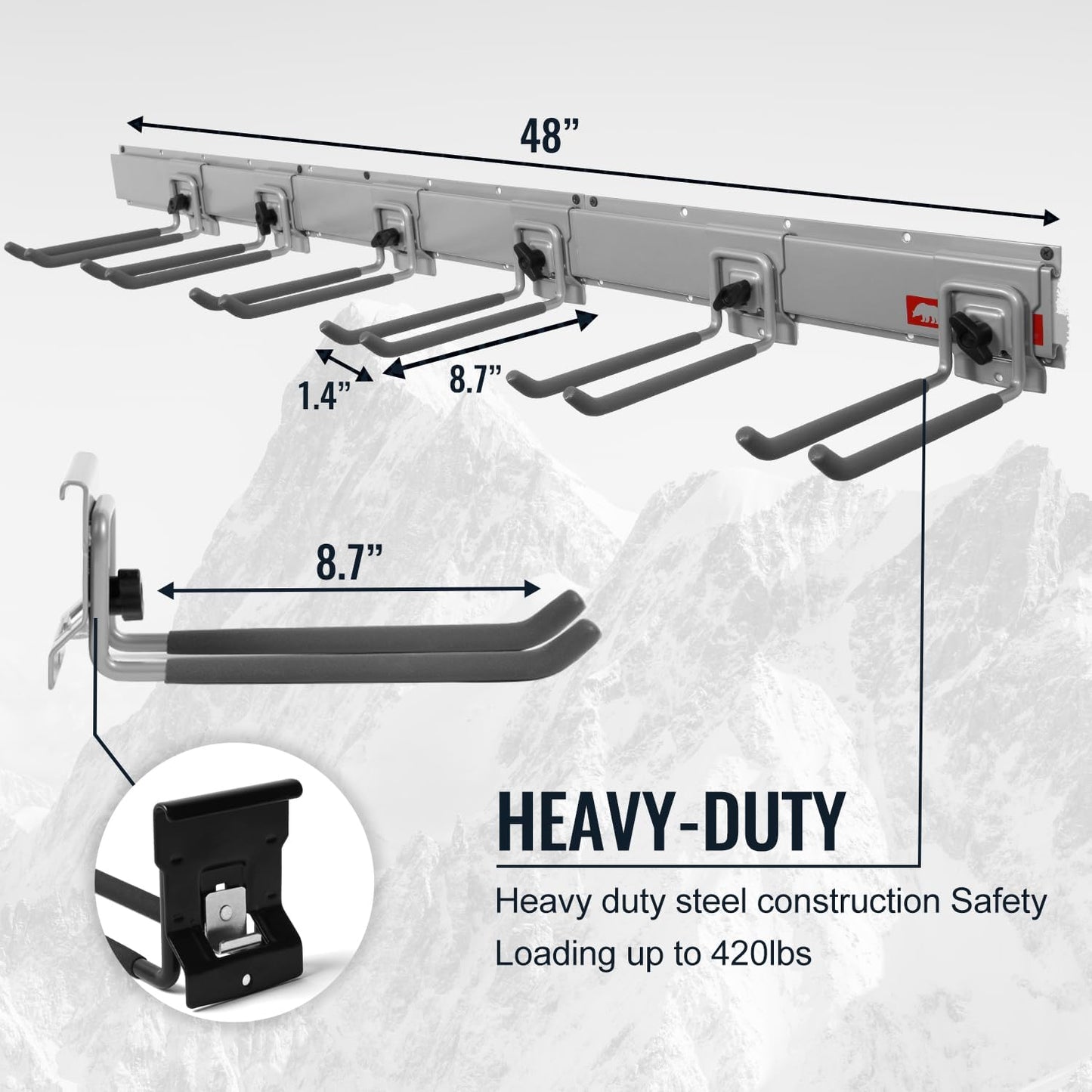 Clamping Garden Tool Organizer, Garage Organization Wall Mount Tool Holder, Heavy Duty Garage Storage Tool Rack, Shovel Hangers Yard Tool Hook, Hold Up to 420lbs (48Inch Grey)