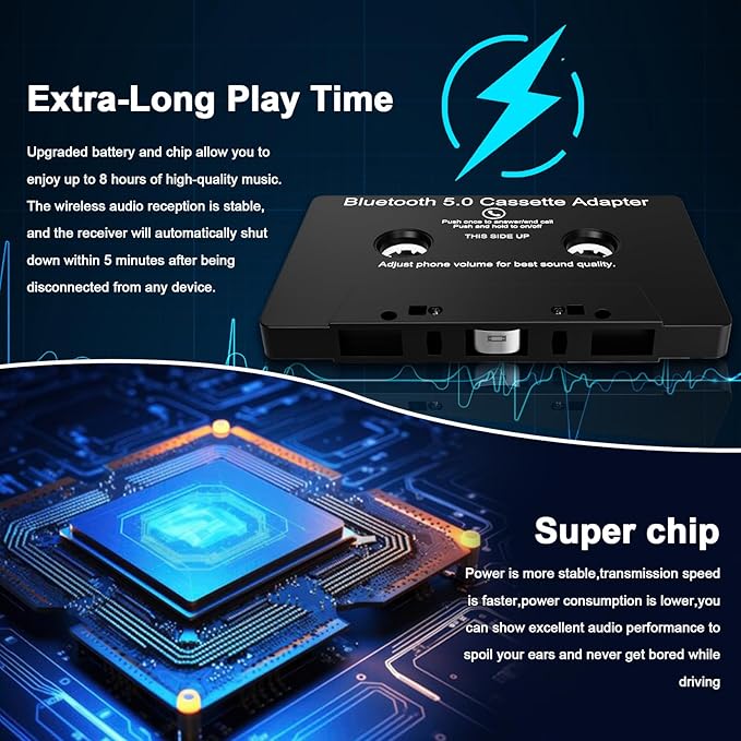 Car Audio Bluetooth 5.0 Cassette Receiver,Cassette Bluetooth Adapter for Car Tape Player, Hands-Free Calling, Stereo Two-Channel, Compatibility with Smartphones, Tablets, MP3, Black