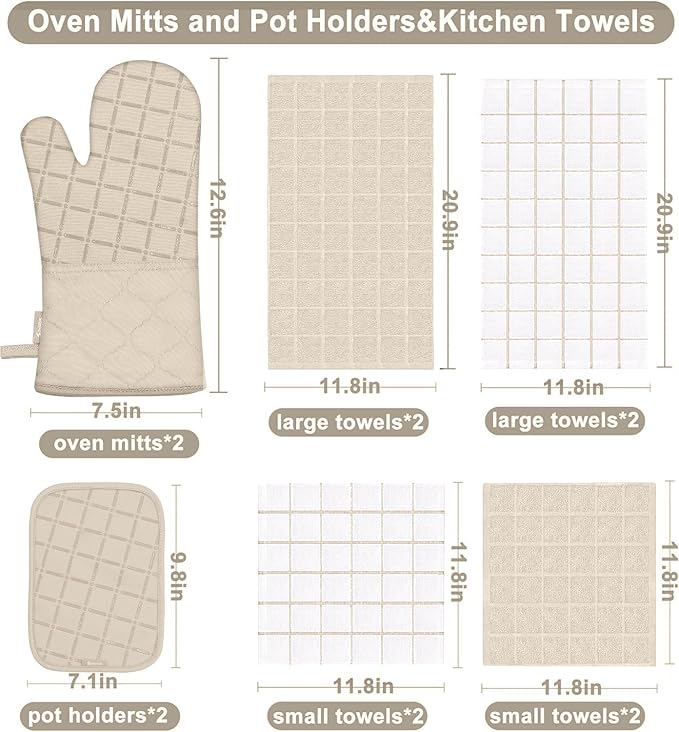 Oven Mitts Pot Holders Sets/Kitchen Towels and Dishcloths, Oven Gloves Kitchen Dish Towels 500 Degree Heat Resistant Potholders with Non-Slip Silicone Surface for Cooking, Grilling, Baking-Milkshake