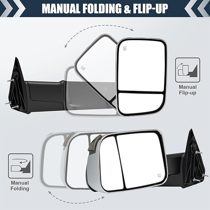 Tow Mirrors Compatible with 2009-2018 Dodge Ram 1500, 2010-2018 2500 3500, Flip Up Extended Trailer Towing Side Mirrors w/Smoked Turn Signal, Power Heated, Chrome