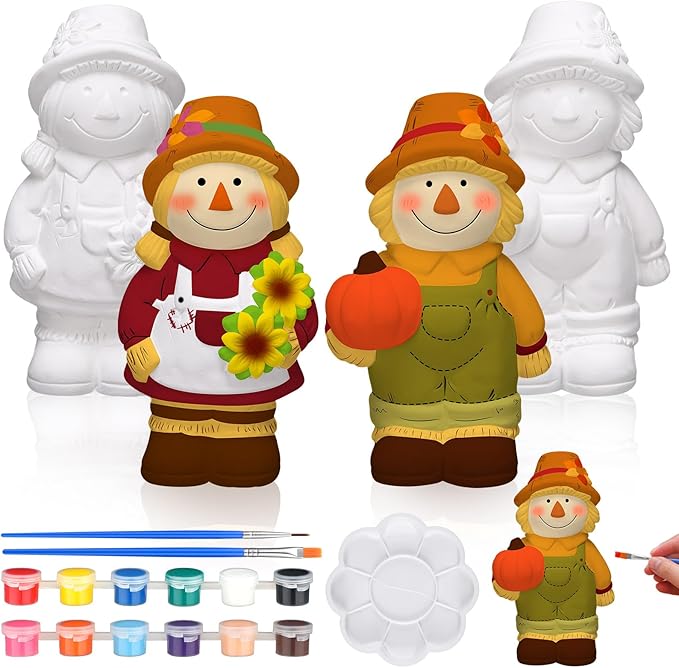 Seenelling 2 Pack Fall Thanksgiving Scarecrow Ready to Paint Your Own Statues 4'' DIY Unpainted Ceramics Figurines Kit Blank Paintable Ceramics Classroom Art and Crafts Decorations