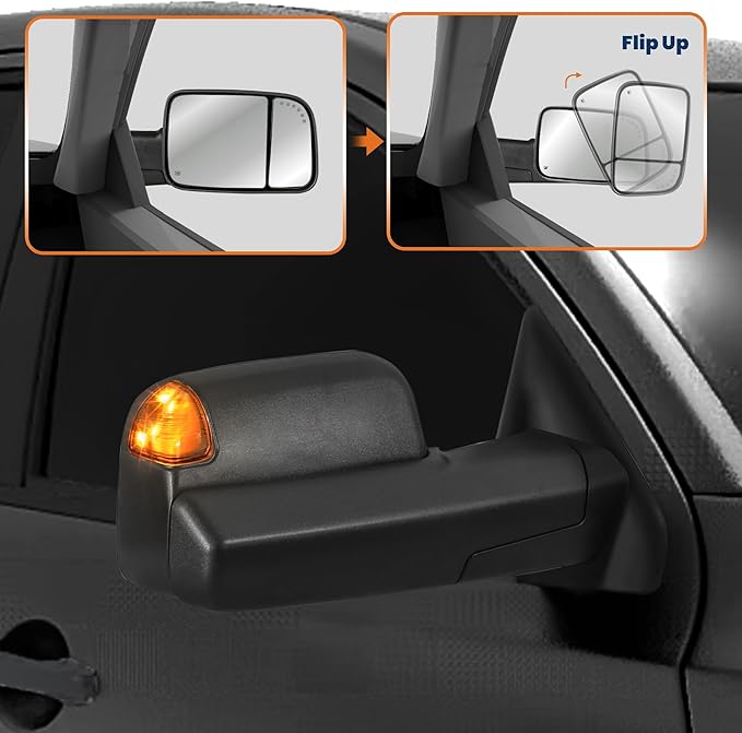 Pair Black Power Heated Towing Mirrors Compatible for 2002-2008 Dodge Ram 1500/2003-2009 Ram 2500 3500 w/White DRL, Arrow Light, Led Turn Light
