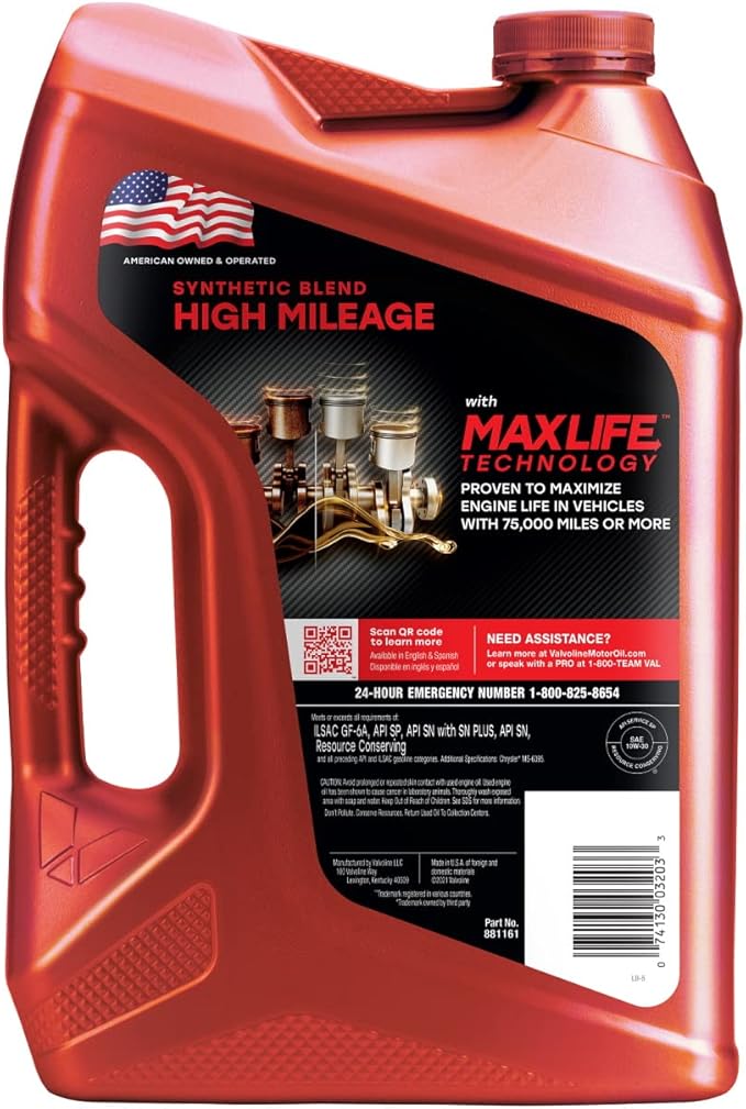 Valvoline High Mileage with MaxLife Technology SAE 10W-30 Synthetic Blend Motor Oil 5 QT (Pack of 2)