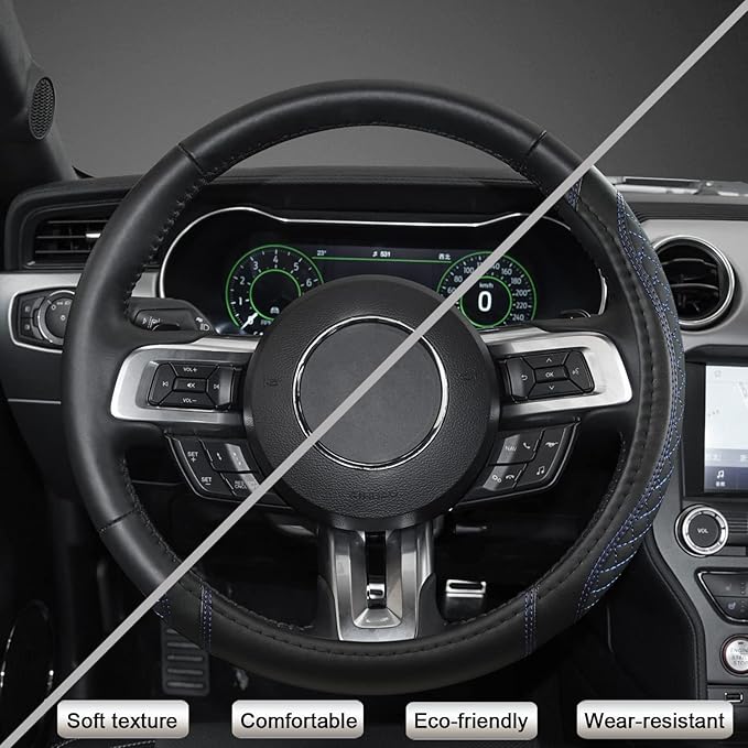 West Llama Car Steering Wheel Cover for Ford Escape,Explorer,Fusion,Focus,Bronco,Transit,Edge(Diamond Quilted - Black+Blue- Standard Size)