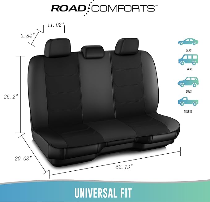 Road Comforts Car Seat Cover Full Set, Leather Mesh Seat Covers, Airbag Compatible, Universal Fit for Most Cars, SUVs, Trucks, and Vans - Black