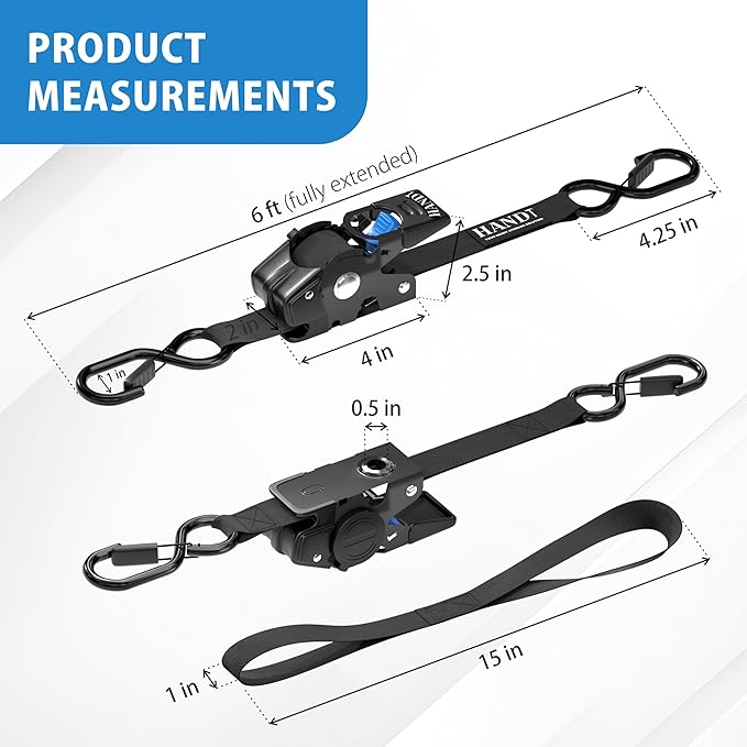 HandT USA Based Retractable Ratchet Straps (4PK) 1in x 6ft - 1,500lb Break Strength, Heavy Duty Automatic Ratchet Straps Self Retractable Tie Down, Push Button Retracting Truck Trailer Cargo | Black
