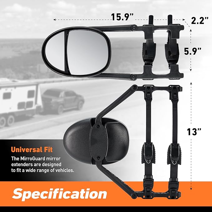 Extended Towing Mirrors, Universal Clip-On Side Mirror Extensions for Pickups, RVs, and Trailers, Tow Mirrors with Extenders (Model MG94)