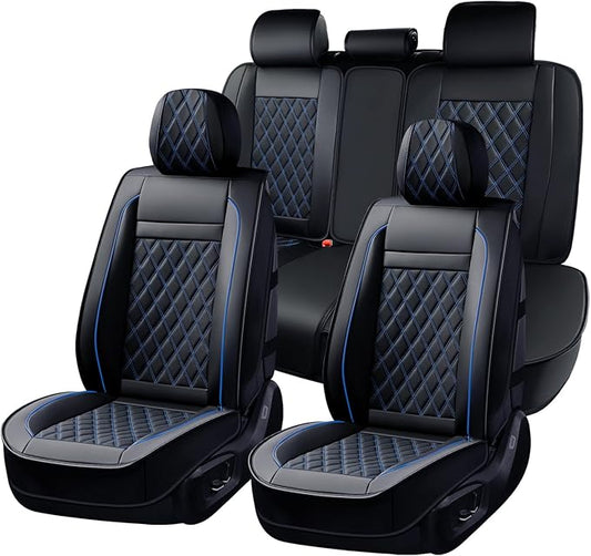 Huidasource Car Seat Covers, Truck Seat Covers 5 Seats Side Open Design Airbag Pops Out, Full-Cover Leather Seat Covers Waterproof, Universal Fit for Most Cars,Vans,Trucks,SUVs (Full Set/Black&Blue)