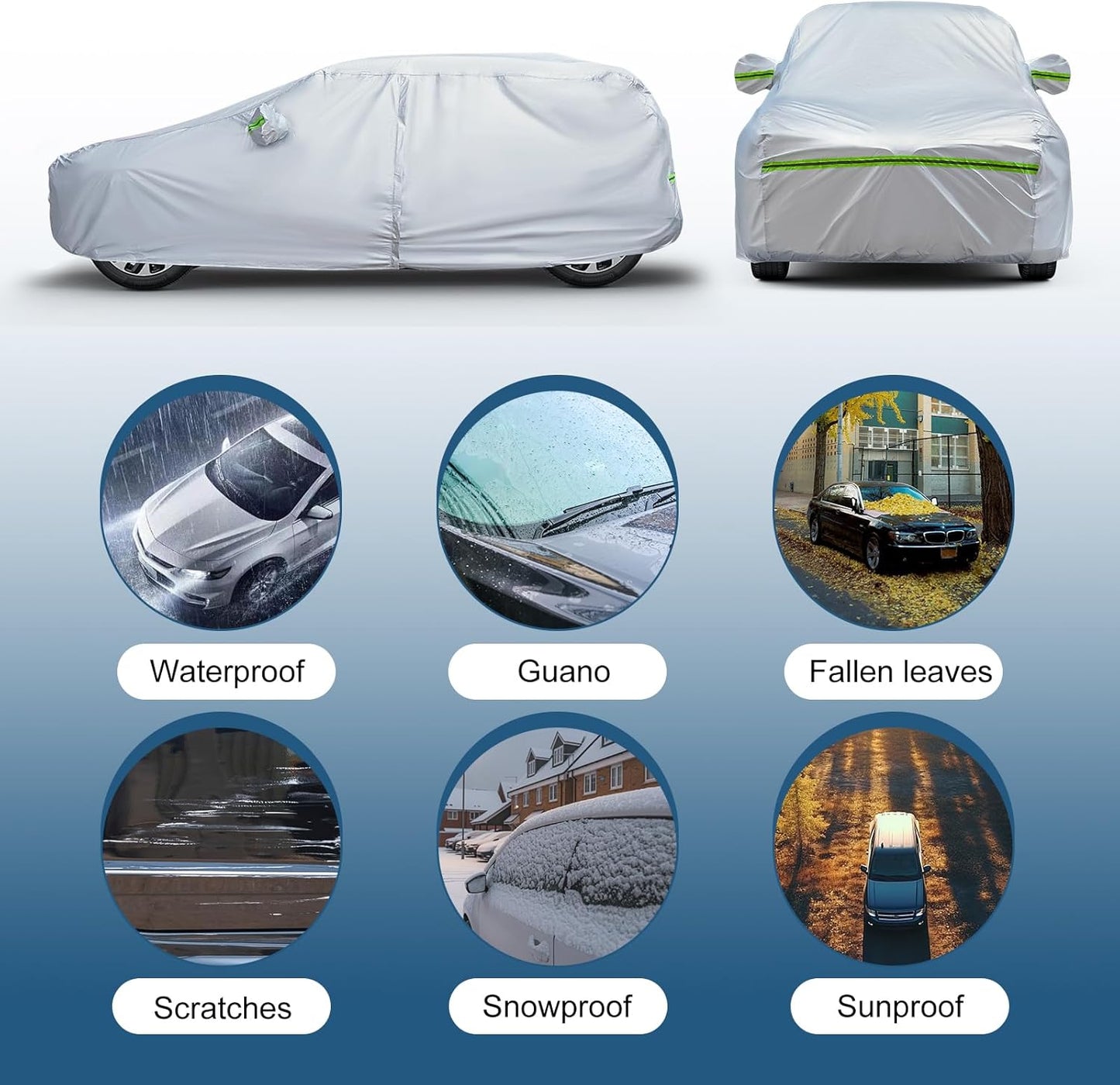 AUQDD 6-Layers Premium Sedan Car Cover Waterproof All Weather Weatherproof UV Sun Protection Snow Dust Storm Resistant Outdoor Exterior Custom Form-Fit Full Padded Car Cover with Straps 188"-198" K3