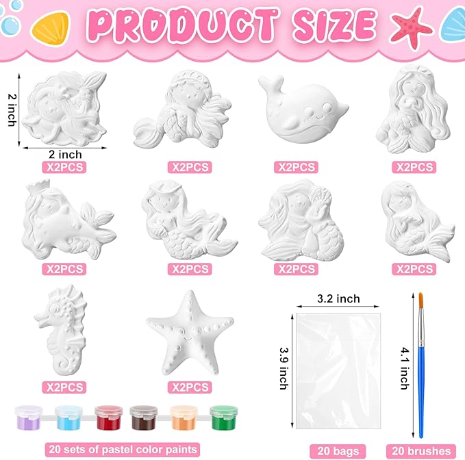 Simgoing 20 Set Dinosaur Unicorn Mermaid Donut Jungle Animal DIY Painting Kit Pumpkin Snowman Ceramic Paint Your Own Figurines Unpainted Plaster Craft for Party Favor(Mermaid)