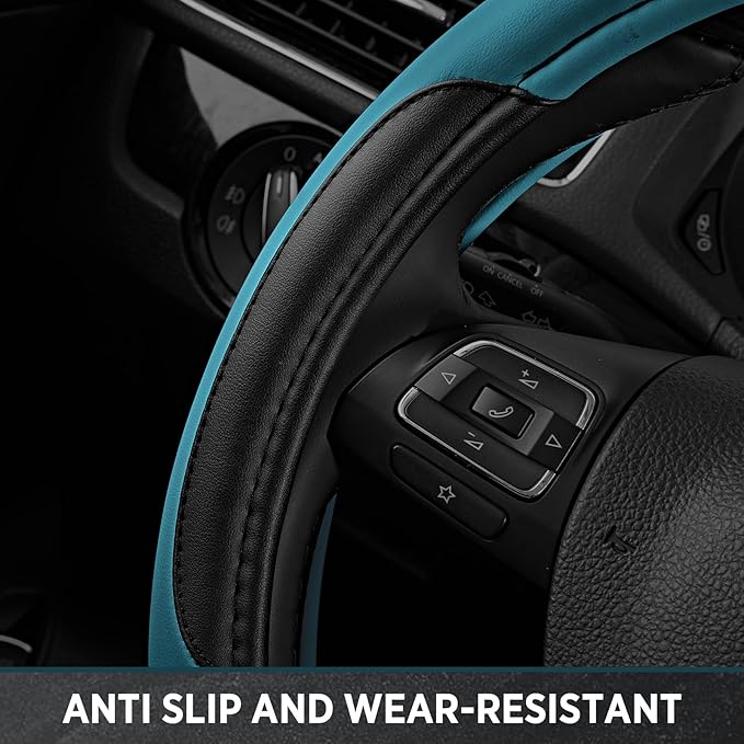 Road Comforts Leather Steering Wheel Cover - Made with PVC Leather - Anti-Slip, Universal Fit 14 1/2 inches to 15 inches - Dark Blue