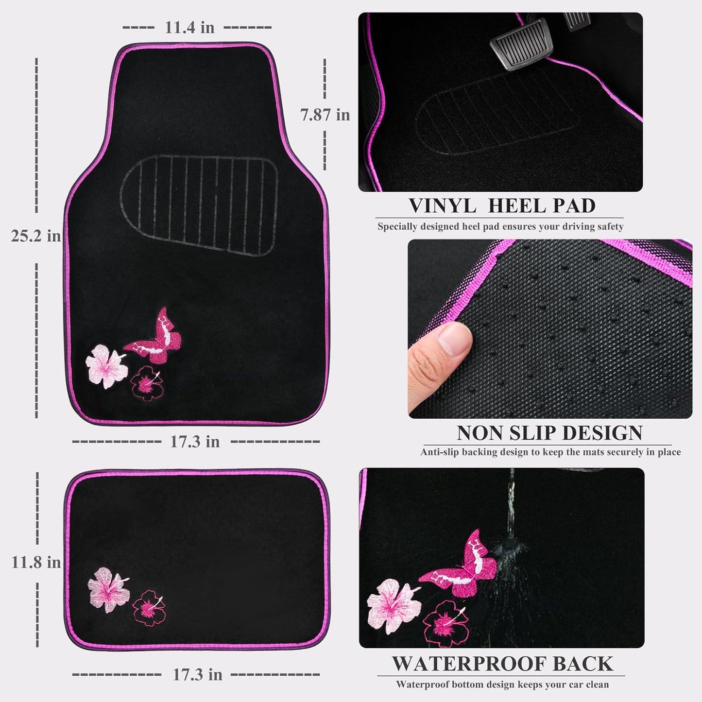 CAR PASS Universal Cloth Butterfly Car Seat Covers Full Set, Embroidered Flower Waterproof Car Floor Mats Carpet, Butterflies Steering Wheel Cover for Car Accessories Interior Sets (Black and Pink)