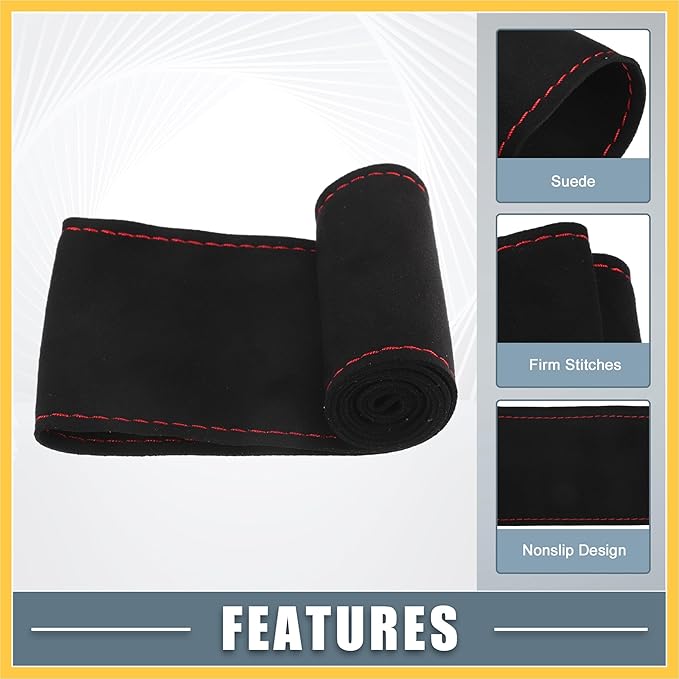 Car Hand Sewn DIY Steering Wheel Cover Breathable Comfortable 38cm Stitch on Wrap Cover Suede Black Stitches Red Auto Replacement Parts