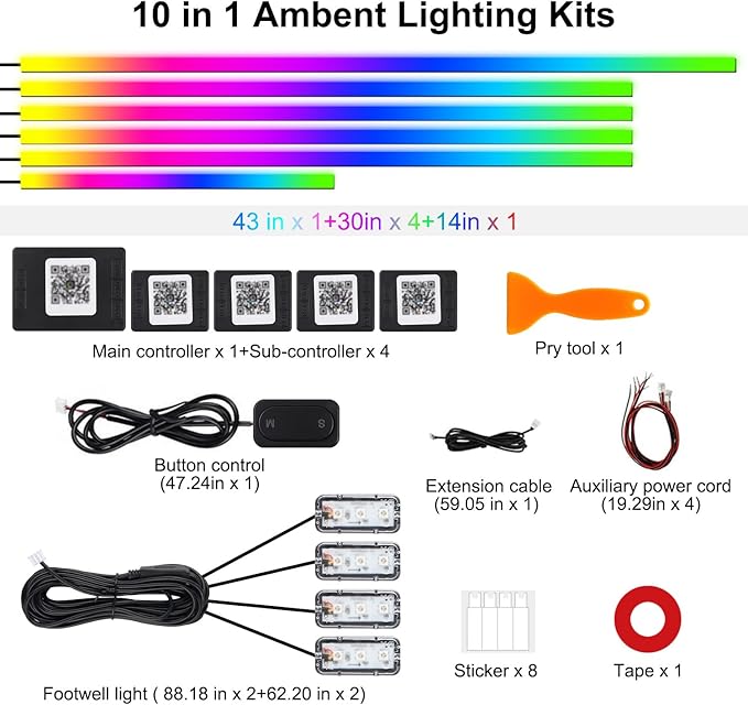 Dreamcolor Acrylic Interior Car LED Strip Lights, 10 in 1 Ambient Lighting Kit with Wireless APP, Dynamic Chasing Music Sync Fiber Optic Lights with DIY Mode, Car Inside Lighting Accessories