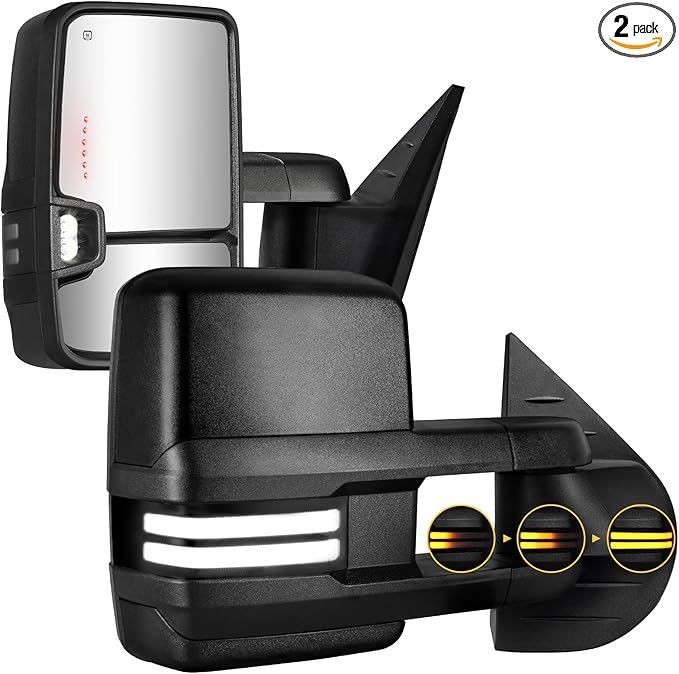 Towing Mirrors Switchback Dynamic Turn Light for 2007-2013 Chevy Silverado Suburban Tahoe GMC Sierra Yukon with Running Lights Power Glass Backup Lamp Heated Set (Black Textured)