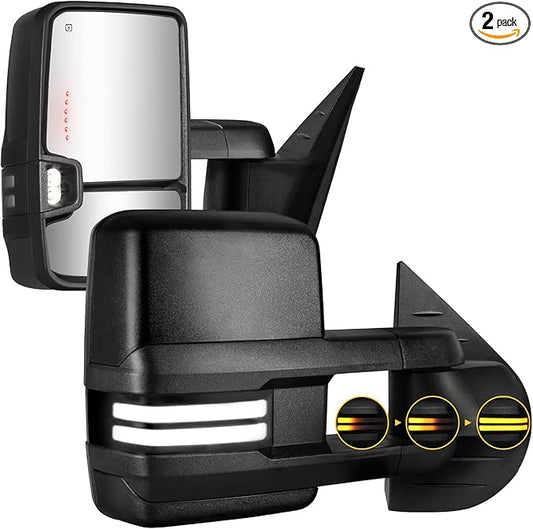 Towing Mirrors Switchback Dynamic Turn Light for 2007-2013 Chevy Silverado Suburban Tahoe GMC Sierra Yukon with Running Lights Power Glass Backup Lamp Heated Set (Black Textured)