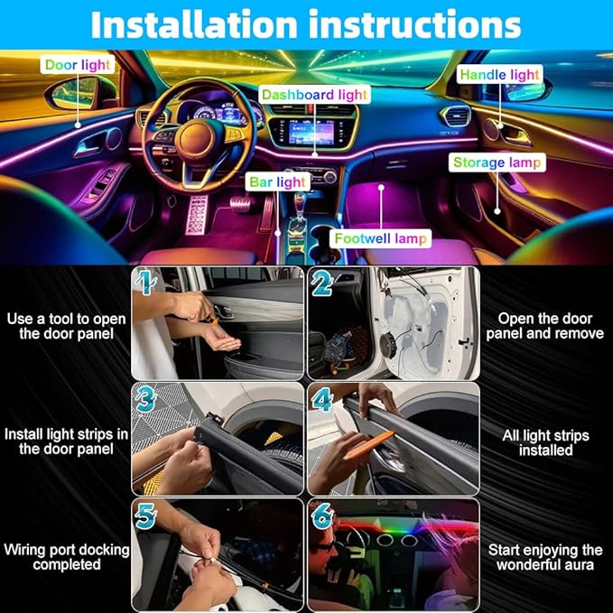 Acrylic Interior Car Ambient Lighting Kits, LED Strip Lights with Wireless APP, Neon Fiber Optic Lights Function LED Strip for Car with Music Modes (10 in 1)