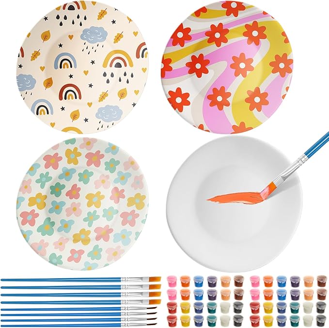 4 Sets Jewelry Dish Making Kit DIY Paint Your Own Ceramic Arts and Crafts Kit Make Your Own Jewelry Bowls Gifts for Birthday Gift Ideas (Round Plate)