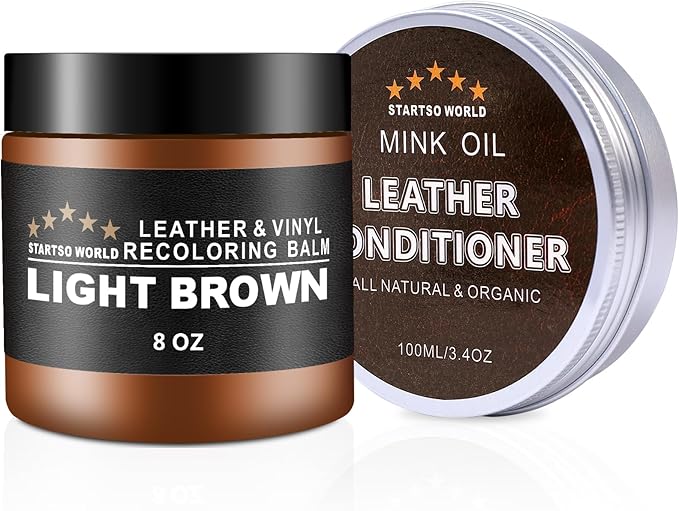 STARTSO WORLD Mink Oil Leather Conditioner & Repair Kit - Light Brown Leather Dye for Couches, Sofas, Shoes & Vinyl