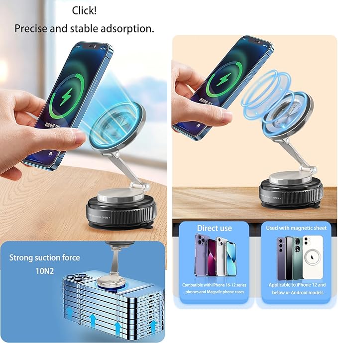 Magnetic Car Phone Holder for iPhone Magsafe, 360°Foldable Suction Cup Phone Mount, Stand for Desk with Clock Compatible with All Smartphones