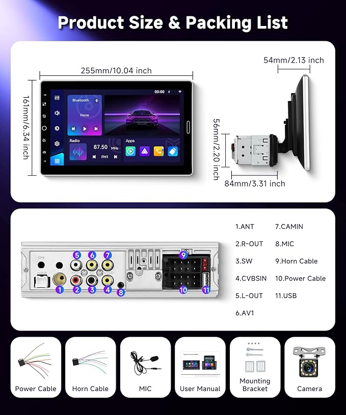 Rimoody 10.1 inch Single Din Car Stereo Wireless CarPlay Android Auto, Car Radio with Bluetooth 5.2, FM/AM/RDS, IPS Touch Screen, Car Audio Receiver Backup Camera, Mirror Link, EQ/USB,/AUX/SWC/MIC
