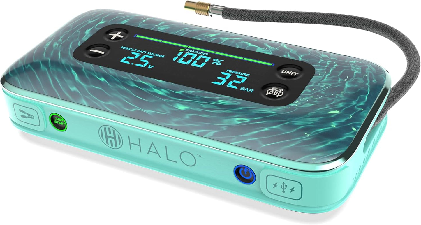 HALO Bolt Air+ 1750 Portable Car Battery Jump Starter | 130 PSI Air Compressor, 59.9Wh USB Power Bank, Large Display, Emergency Floodlight & Charger, Jumps Cars SUVs & Trucks, Inflates Tires — Teal